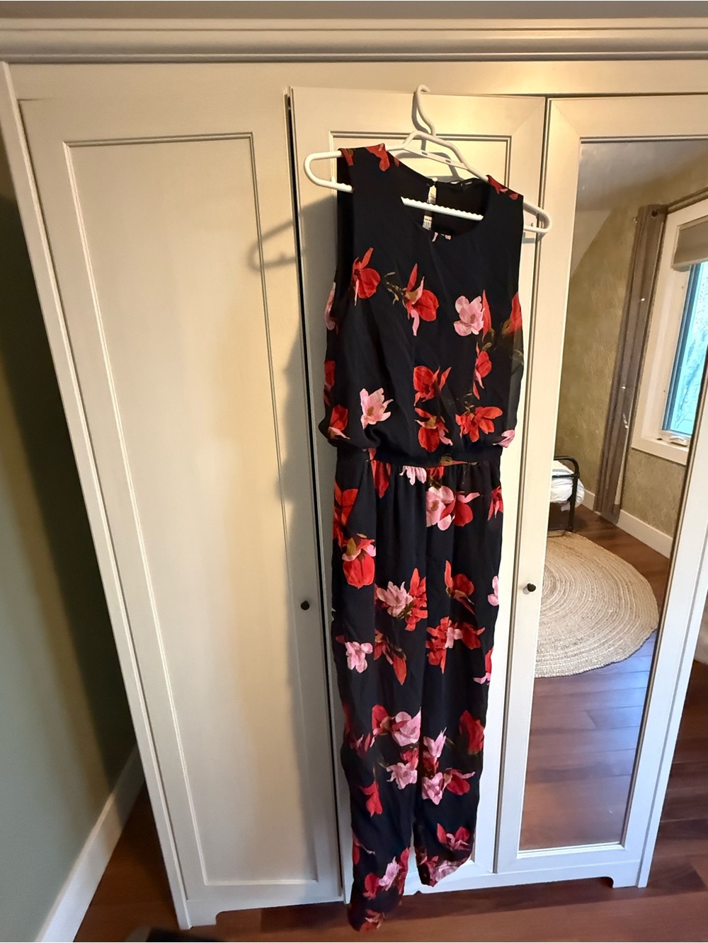 Black Floral Sleeveless Jumpsuit with Red & Pink Flowers